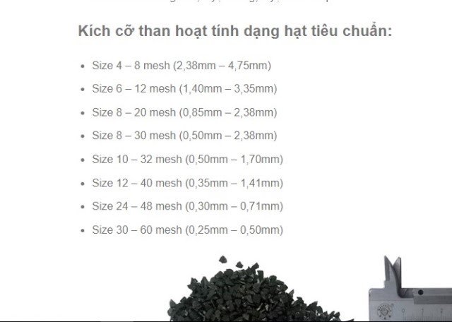Than hoạt tính cấu trúc dạng hạt có nhiều kích thước khác nhau